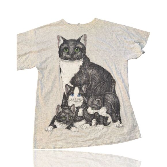 Vintage Tops - Katz Vintage Tuxedo Cat Family Graphic T-Shirt Unisex OSFM Multicolor